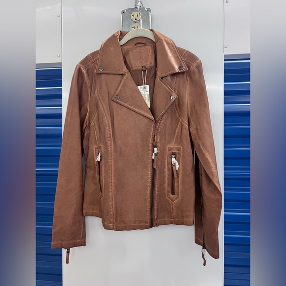 Max Studio Jackets & Blazers - Brown Faux Leather Moto Jacket with Asymmetrical Zipper